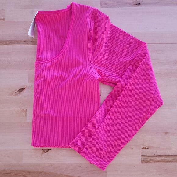 Athleta Womens Aurora Seamless Crop Top Long Sleeve Tulip Pink Size L Yoga Gym - Picture 3 of 11